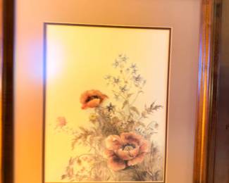 Framed botanical floral print, gold mat, wood frame