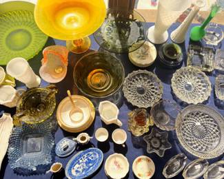 Large vintage glassware lot, colored glass, vases, bowls, pottery