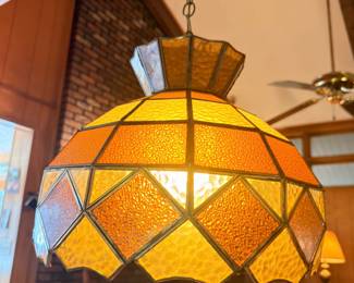 Vintage stained glass hanging swag lamp, amber and brown