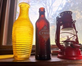 Vintage Orange Crush bottle, art glass vase, antique kerosene lantern