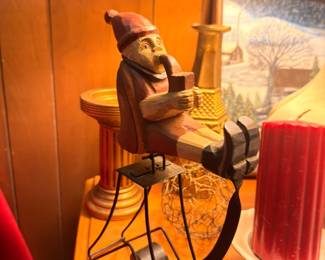Gnome figurine, wrought iron candle holder, red pillar candle