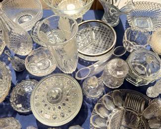 Pressed glass pitchers, bowls, and vintage glassware lot
