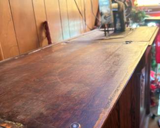 Antique wooden trunk chest, dark finish, metal hardware