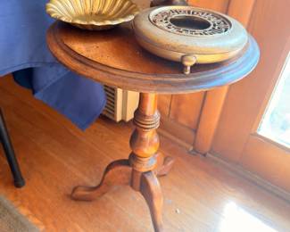 Antique tripod pedestal side table with brass lotus bowl