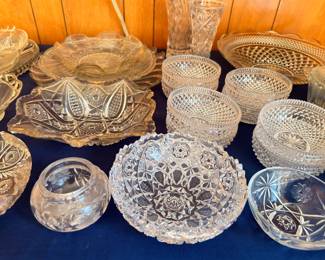 Vintage cut glass bowls, sawtooth edge and hobnail patterns
