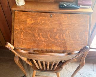Antique oak writing desk with hutch and chair