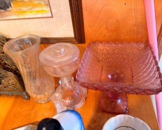 Pink depression glass ruffled edge compote and assorted glassware