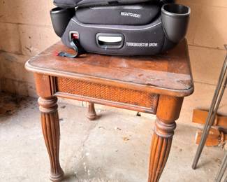 Child booster car seat and small wood side table