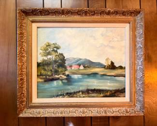 Framed oil painting, mountain lake landscape in ornate gold frame