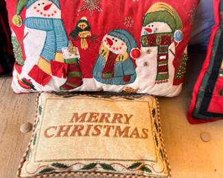 Christmas throw pillows, snowman, Merry Christmas needlepoint