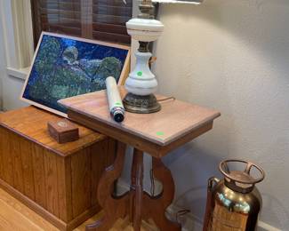 Marble top antique table, glass art piece to hang in window (not traditional stained glass)