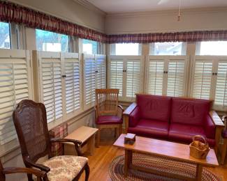 Wood loveseat with pleather cushions and matching wooden chairs, tow benches