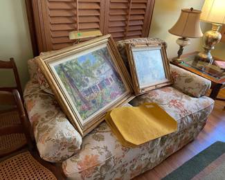 Two oil paintings,  one with attached lights above