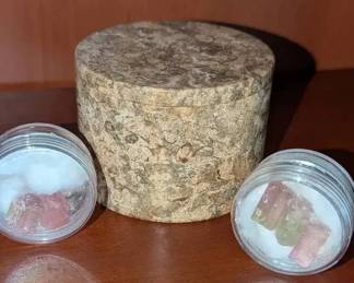 KN143Fossil Coral Stone Trinket Box With Pink And Watermelon Tourmaline Crystals 