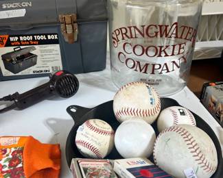 Vintage large Spingwater Cookie Company glass jar with lid, various baseballs, large cast iron pan