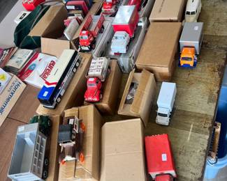 Vintage First Gear & Roadway Series - Transport collectibles, featuring Greyhound buses, Roadway Express trucks, and classic fire engine models