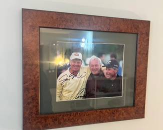 Autographed Sports Art: Framed photo signed by Jack Nicklaus, Arnold Palmer, and Gary Player