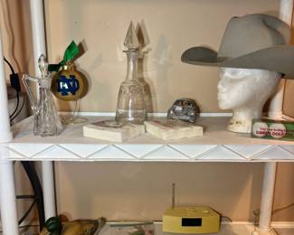 Etched glass decanters, Notre Dame ornament, vintage cowboy hat