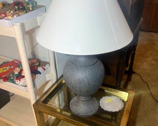 Metal and glass side table, shaded lamp