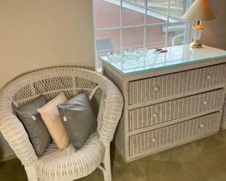 The Wicker Collection: 3-drawer dresser with glass top and barrel chair