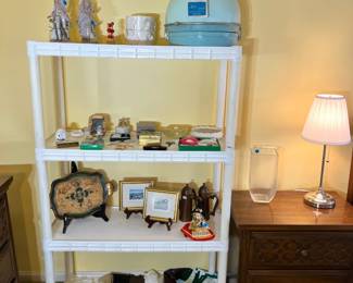 "Lady Schick" Consolette hair dryer in robin's egg blue, porcelain figurines, fine crystal, and a collection of vintage gloves