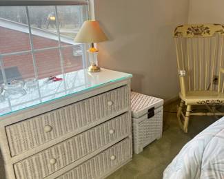 The Wicker Collection: 3-drawer dresser with glass top, barrel chair, and small storage bin