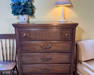 MCM Bedroom Set: Includes headboard, king mattress and box spring, triple dresser with mirror, tall highboy dresser, and nightstands