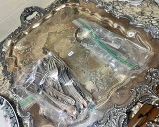 Various flatware and heavy serving tray with handles