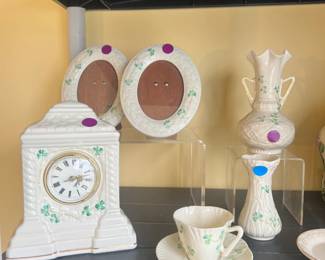 various shamrock decorated frames, vases, clock, etc. 