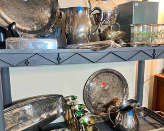 Various platters, serving dishes, untensils, etc. 