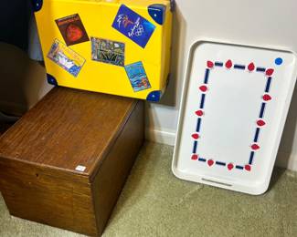 Small cardboard suitcase from Sydney Olympics, wooden chest, tray