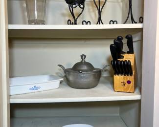 Classic CorningWare "Cornflower Blue" casserole dishes, a Henkels knife block set, and a vintage pewter tureen.
