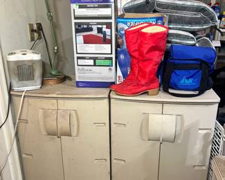 Storage: Two large tan Rubbermaid resin storage cabinets