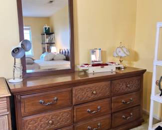 MCM Bedroom Set: Includes headboard, king mattress and box spring, triple dresser with mirror, tall highboy dresser, and nightstands