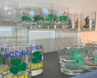 Various rocks glasses, golf and Notre Dame theme