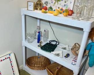 various baskets, glassware, decor