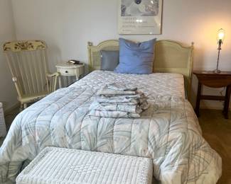 White & Gold Modern Bedroom Set: Tall dresser and full size bed (mattress and box spring)