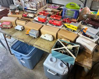 Vintage First Gear & Roadway Series - Transport collectibles, featuring Greyhound buses, Roadway Express trucks, and classic fire engine models