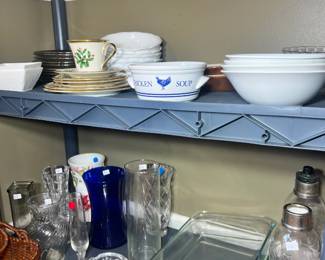 Lenox Christmas holly teacup, "Chicken Soup" ceramic bowl, various glass vases in cobalt blue and clear, and Pyrex glass baking dishes