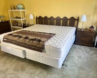 MCM Bedroom Set: Includes headboard, king mattress and box spring, triple dresser with mirror, tall highboy dresser, and nightstands