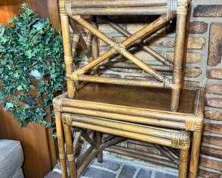 Bamboo Nesting Tables – Set of three vintage burnt bamboo nesting tables with "X" frame detailing