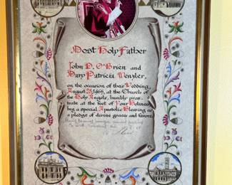Apostolic Blessing Scroll: Framed 1965 Papal Blessing from Pope Paul VI with ornate illumination and architectural vignettes
