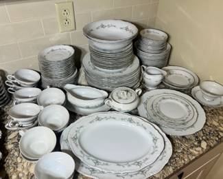 "M" Brand (Japan) china set featuring a delicate silver-rimmed botanical vine pattern. Includes serving platters, gravy boat, tureen, and a full tea/coffee service