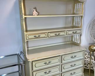 White & Gold Modern Bedroom Set: Tall dresser and full size bed (mattress and box spring)