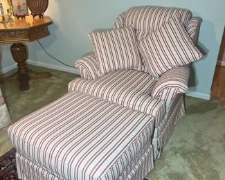 Upholstered Seating: Red/white ticking-stripe armchair with matching ottoman