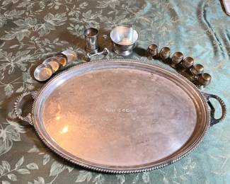 Sterling tray, cups, rattle, and more