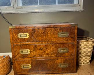 Campaign-Style Chest: 3-drawer wood chest with brass corner protectors and recessed brass pulls