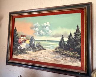 Framed coastal oil painting 