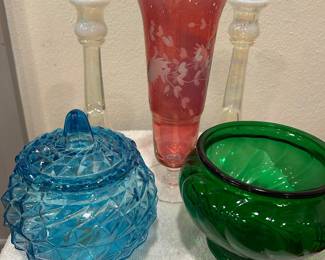 Colorful glass vases and dishes
