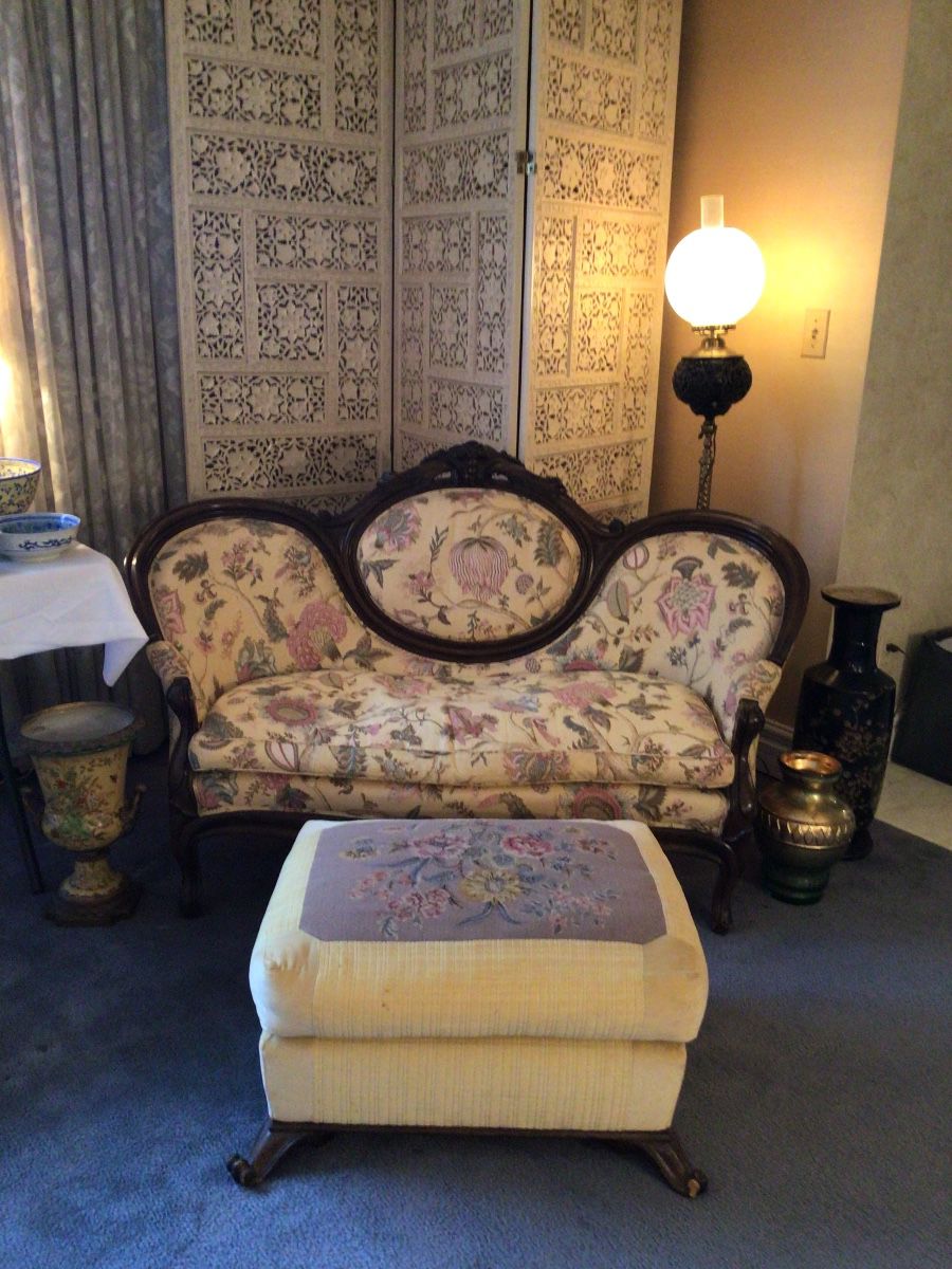 Victorian settee 58” x 26” x 36” H / Antique needlepoint footstool 26” x 20” x 15” H
